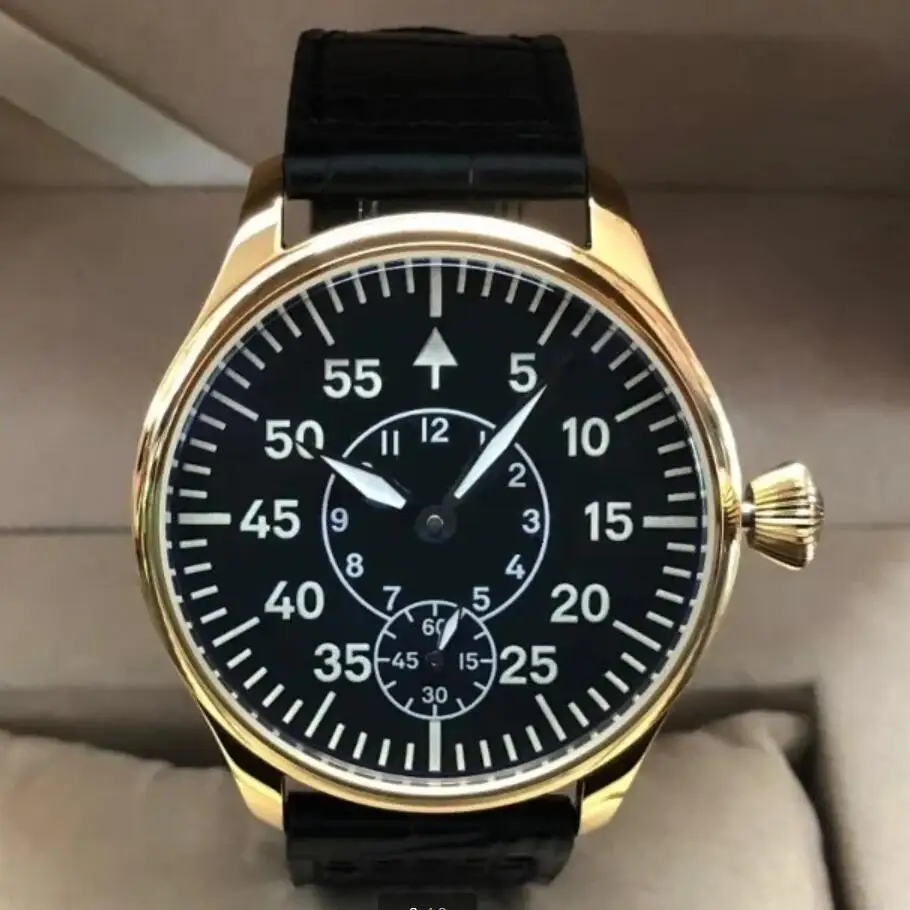 

44mm Sapphire Cystal Or Mineral Glass No Logo Asian 6498 Mechanical Movement PVD Golden Case C3 Luminous Pilot Men's Watch