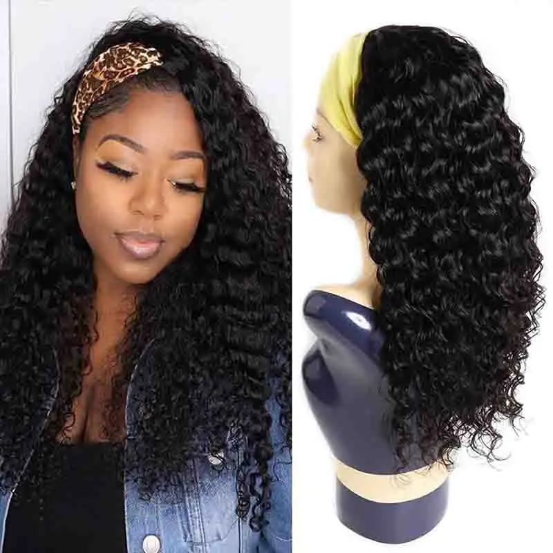 Headband Wig Human Hair Deep Wave Headband Human Hair Machine Made Wigs Curly Hair Headband Half Wigs for Black Women Human Hair