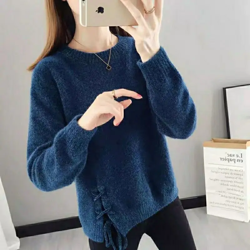 Fashion O-Neck Solid Color Split Bandage Sweaters Female Clothing 2024 Autumn Winter New Loose All-match Pullovers Casual Tops