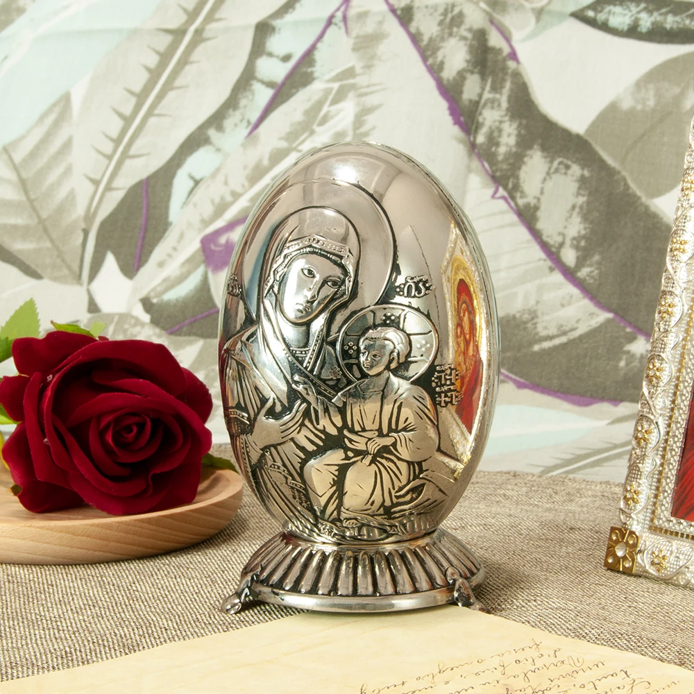 Metal Religious Ornament Virgin Mary and Jesus Egg Shape Home Decoration 5.12 Inches 0.97 Poundsfor Church Gift or Memorial