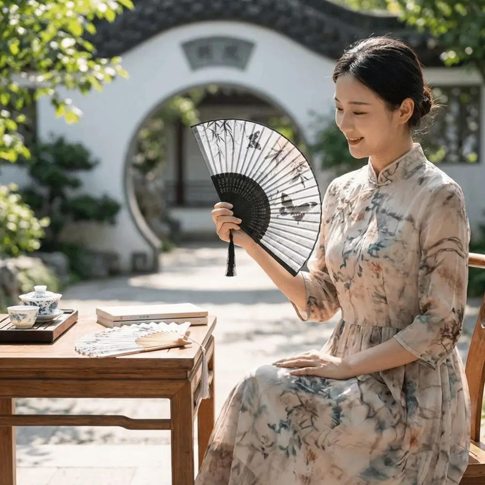 Elegant Chinese Style Bamboo Folding Fan Antique Ink Wash Painting Dance Fan with Tassel Handheld Portable Fan Hanfu Cheongsam