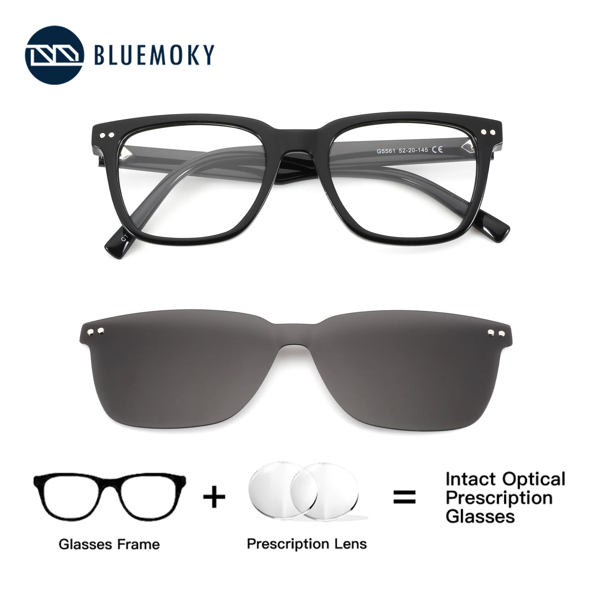 BLUEMOKY (S Size) Square Acetate Clip on Prescription Sunglasses Polarized UV400 Men Photochromic Presbyopia Optical Eyewear