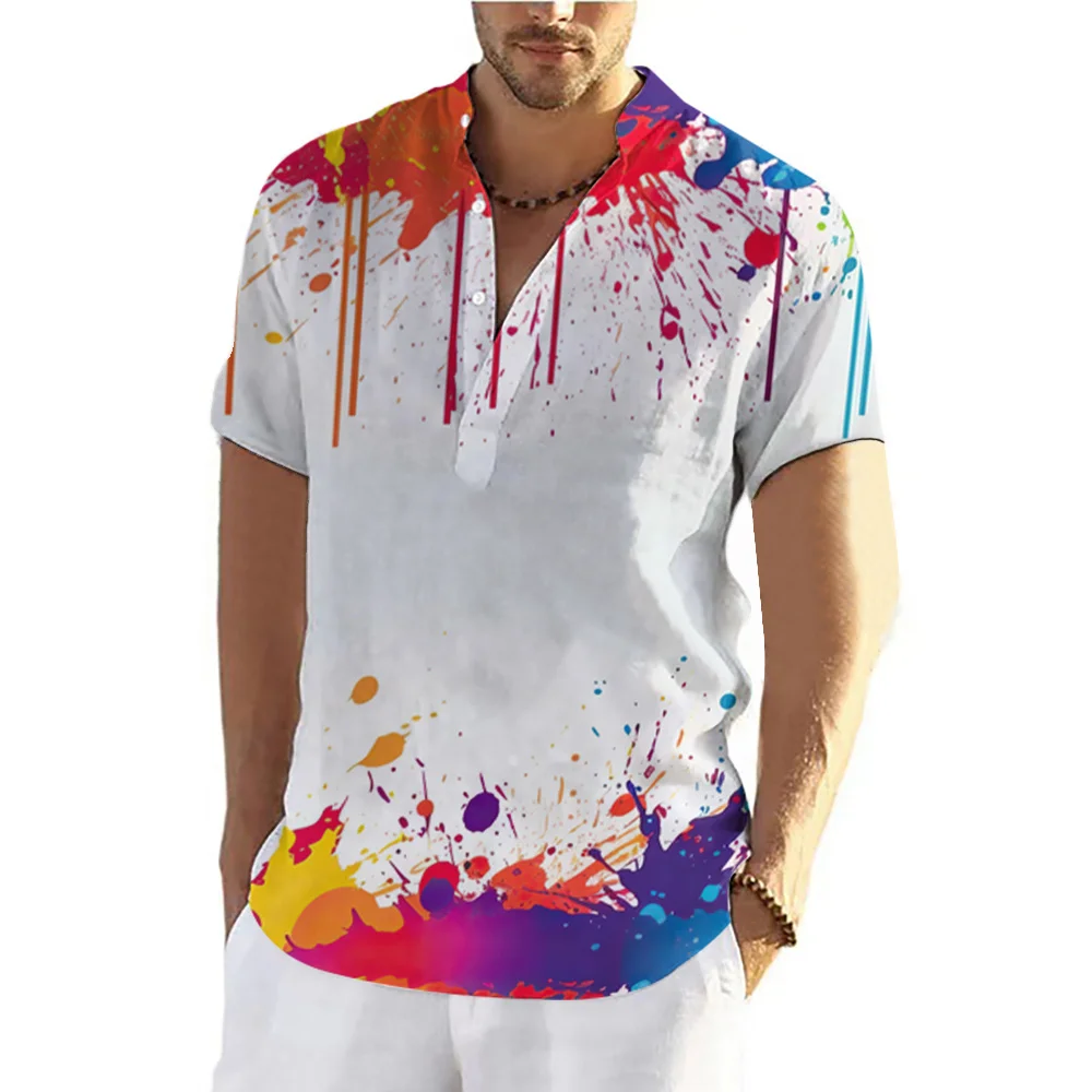 Summer Graffiti 3D Printed Henley Shirts Men's Fashion Oversized Button Stand Collar Short Sleeve T Shirt Tees Tops Man Clothing