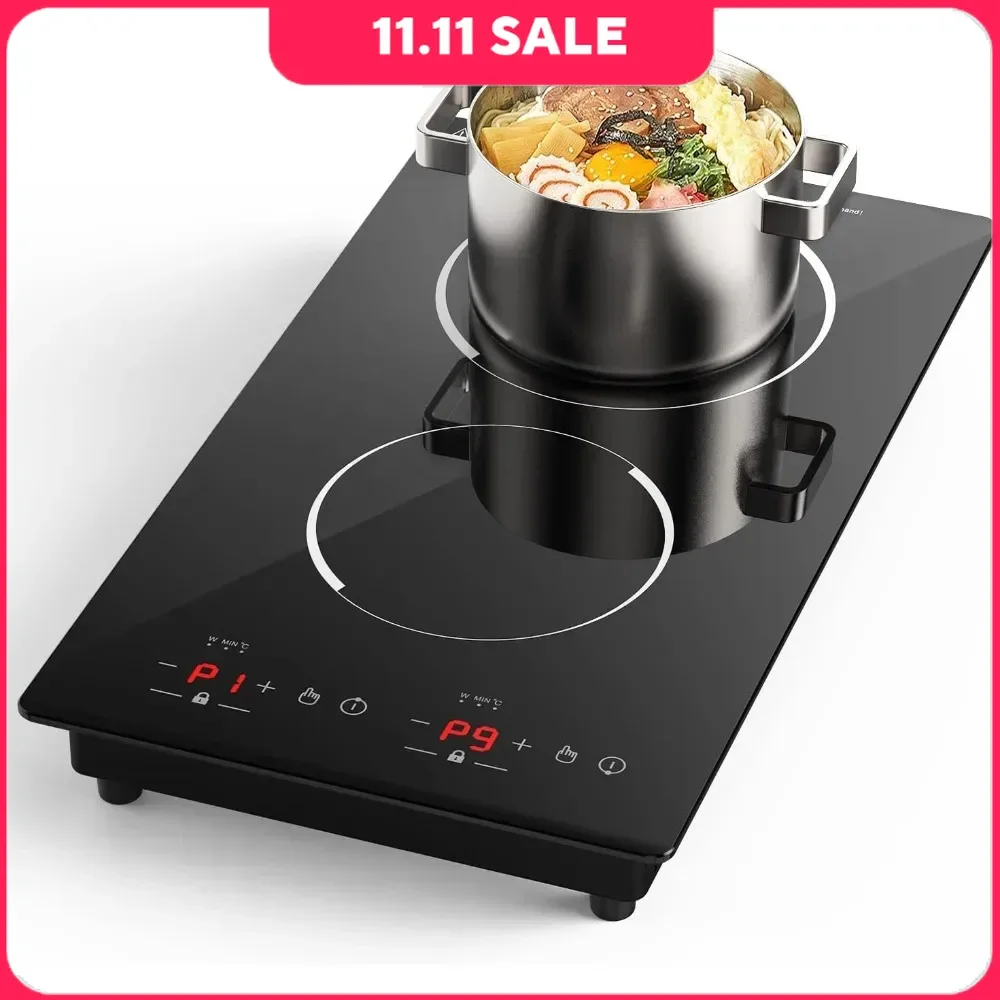 Electric Induction Cooker, 2 Burner Independent Control, 9 Temperature, Multiple Power Levels, 2 Hour Timer, Induction Cooktop