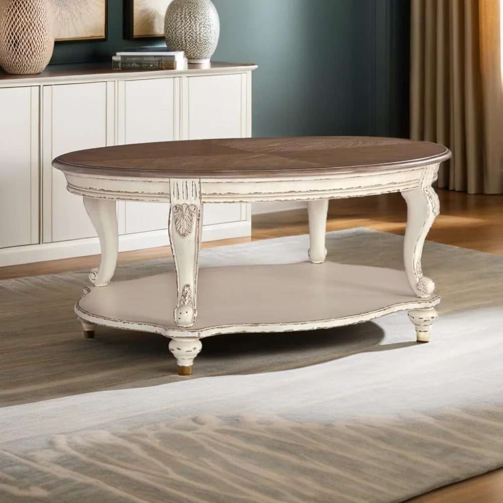 Table basse ovale HILL en blanc éclaté et marron