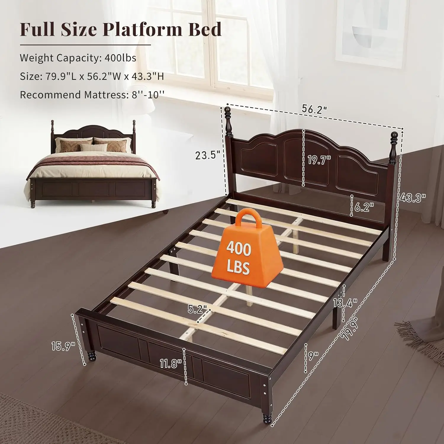 Dark Walnut Wood Bed Frame Full Size Wave Shaped Headboard, Customized