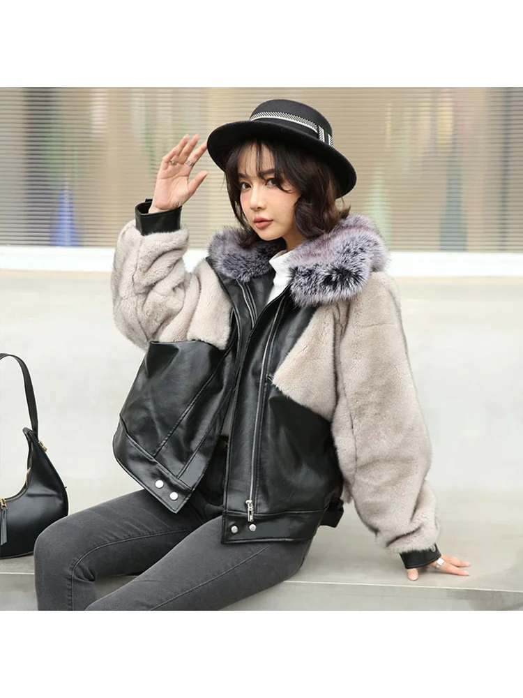 

French Retro Winter Warm Fashionable Faux Fur PU Splicing Motorcycle Handsome Punk Silver Gray Commuting Party Zipper Jacket