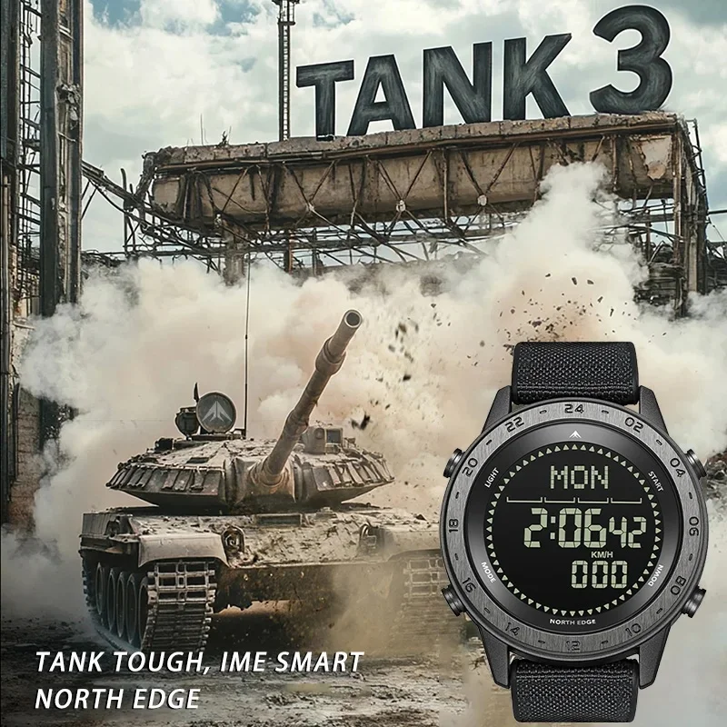 NORTH EDGE TANK 3 Men's Digital Military Watch Outdoor Sports Waterproof 50M with Pedometer Calories Tracker Compass