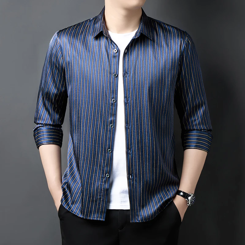 

Silk 90.8% Premium Shirts For Men Long Sleeve Striped All Match Spring Quality Smooth Comfortable Casual Lapel Camisas De Hombre