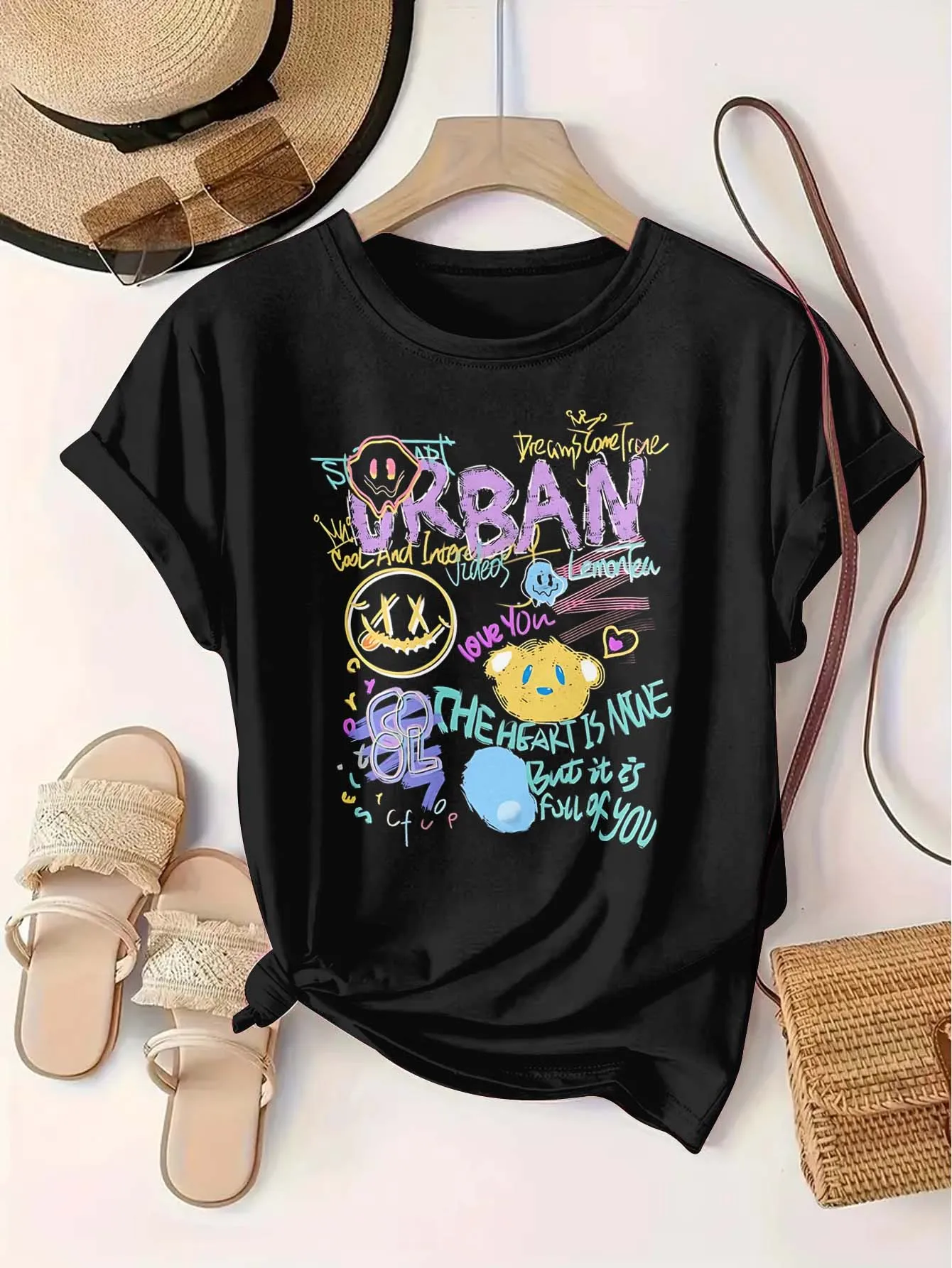 

Plus Size 1xl-5xl Short Sleeve T - Shirt Women's Oversize Clothing | Retro Graffiti Chaos Urban Edge Graphic