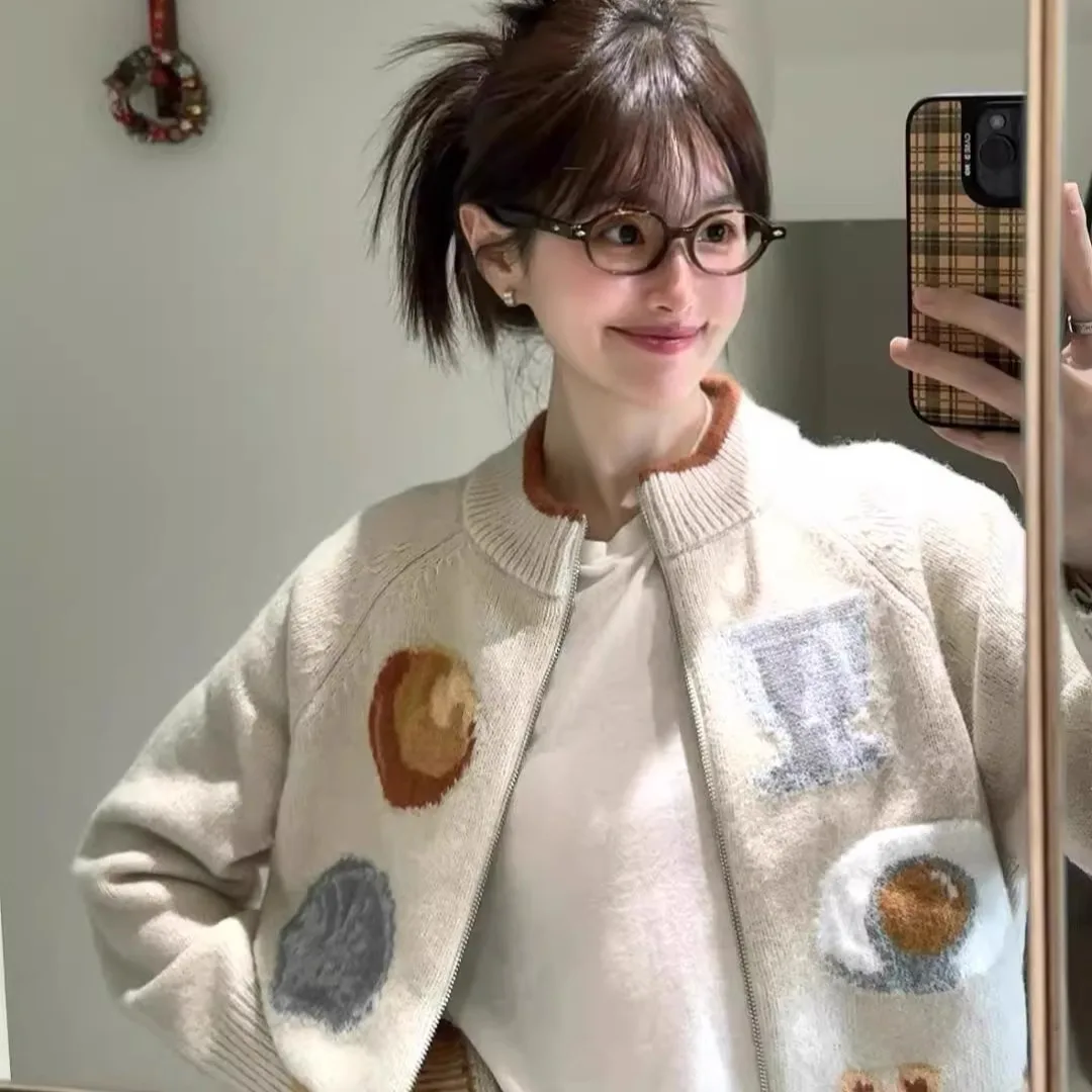 

​​Korean Style Y2K Print Cardigan​​ Women's Cute Coffee Cat Pattern Zipper Sweater Preppy Style Knit Jacket Spring Autumn