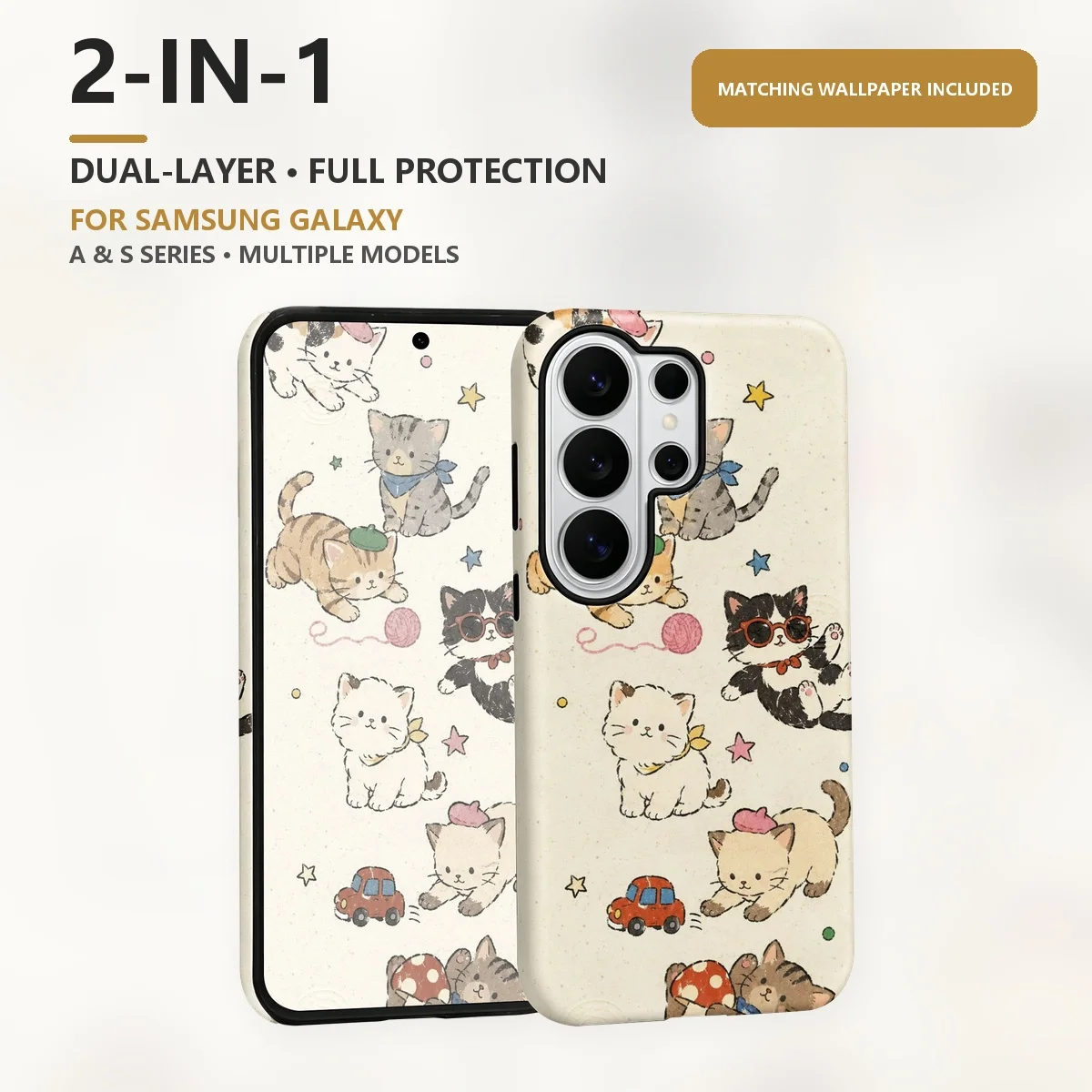 Cute Cartoon Cats 2-in-1 Dual-Layer Phone Case for Samsung Galaxy S26 S25 S24 S23 S22 S21 Plus Ultra FE S20 FE A56 A17 A16 A15