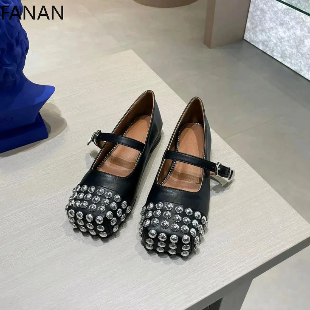 

2025 Original Rivet Low Heel Pumps Square Head Ballet Shoes Retro Mary Jane One Word with Ins Flat Shoes black Women's