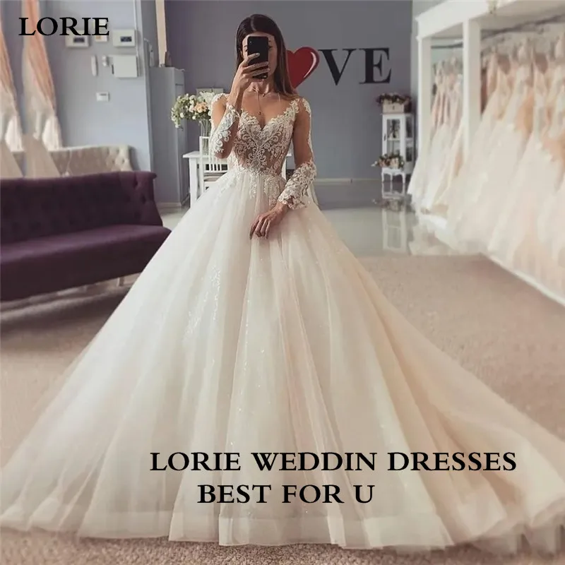 LORIE Long Sleeve Lace Wedding Dresses A Line Puff Tulle Appliques Bride Dress Scoop Neck Vintage Wedding Gowns 2023