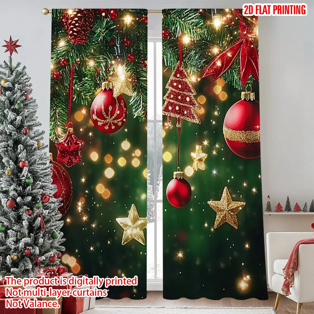 

2pcs 2D flat printing Merry Christmas Curtain Christmas on5 100% Polyester Without Electricity Family Party Decoration Use for