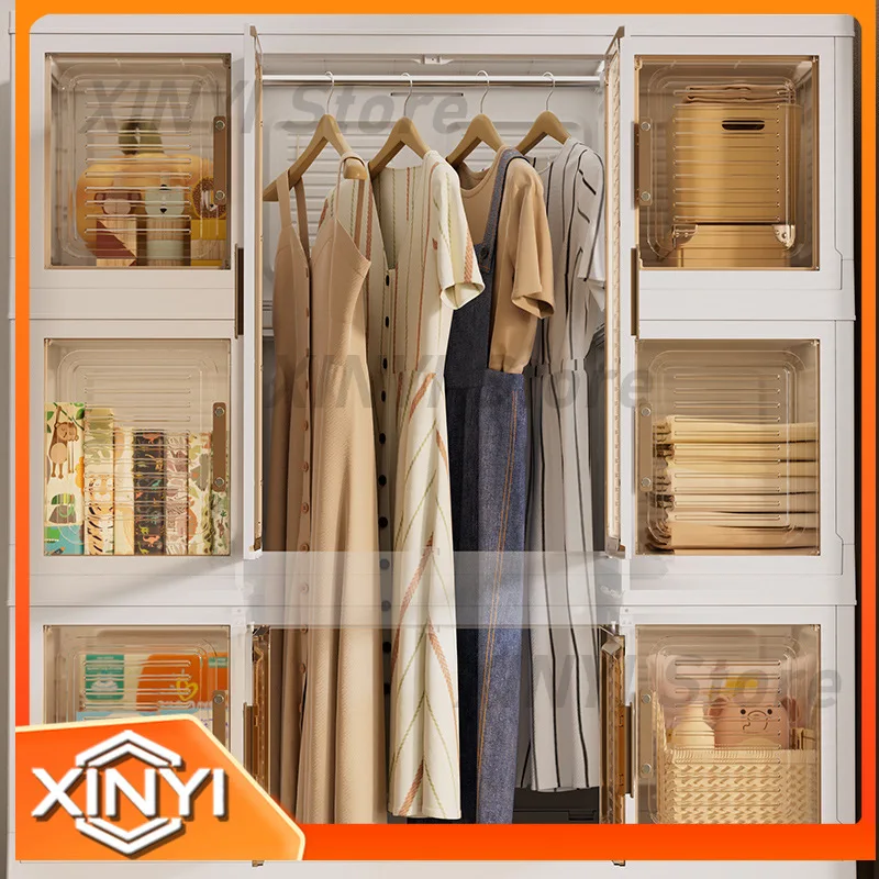 Foldable Clothes Storage Cabinet for Children No Installation Required Double Door Multi-Tier Closet for Kids Snack Storage