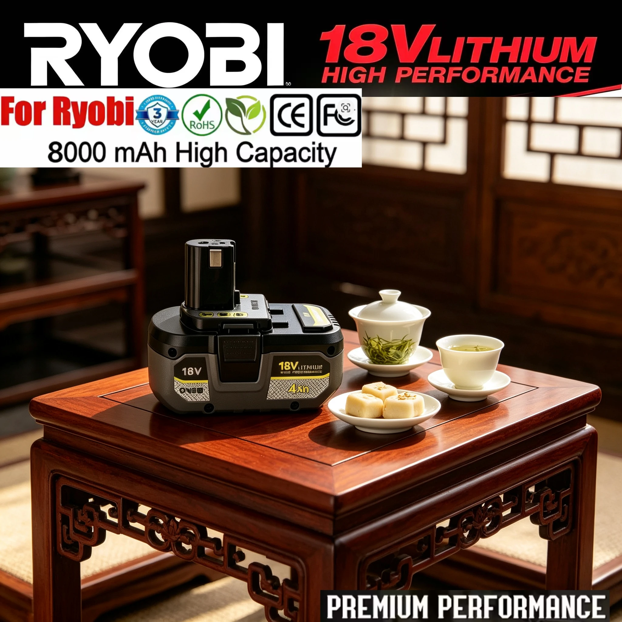 

100% original RYOBI 18V 6.0Ah rechargeable lithium battery, with long cycle life, suitable for all ONE+ wireless power tools.