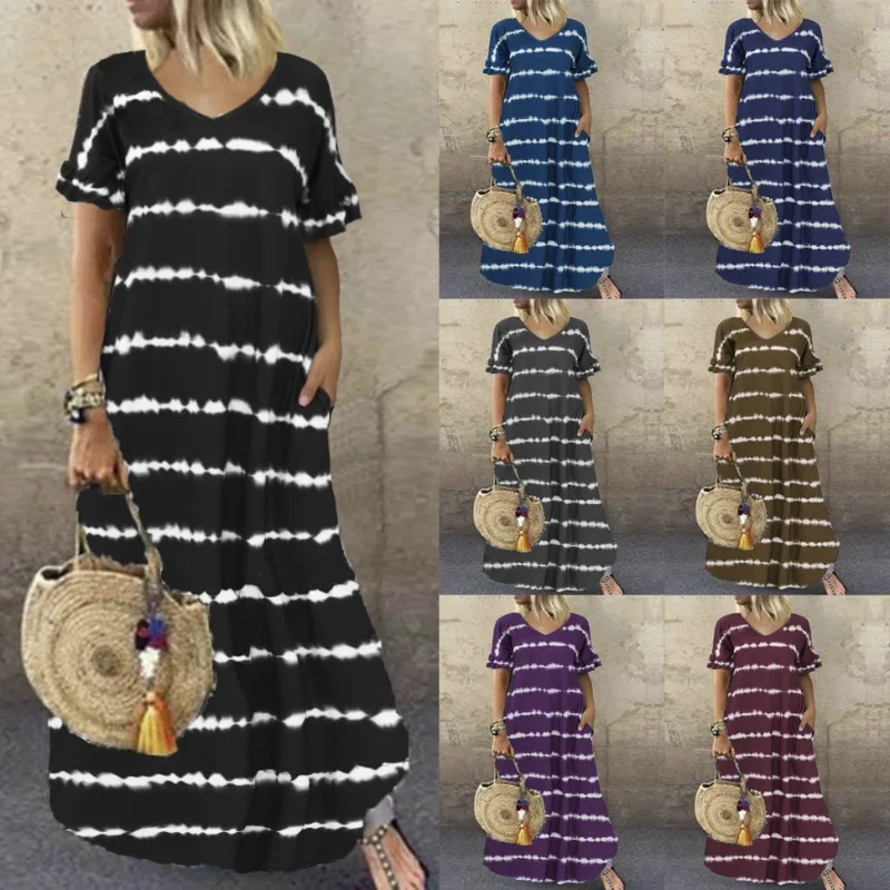 

Summer European and American New Dress V-neck Lotus Leaf Sleeve Striped Printed Long Dress Casual Dress