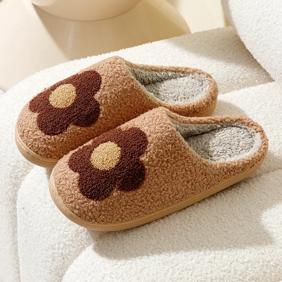 2024 New Winter Home Slippers Women and Men Cute Flower Embroidered Warm Soft Thicken Sole Houseshoes Bedroom Cushion Slides