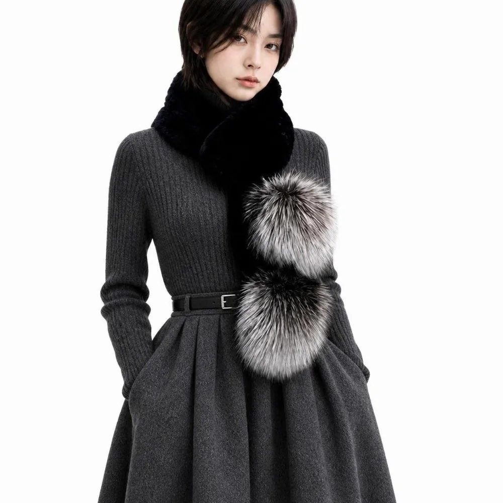 Sweet Thickened Warm Faux Fur Scarf Soft Fluffy Imitation Rabbit Fur Scarf Keep Warm Fox Fur Ball Neck Warmer Scarf For Women
