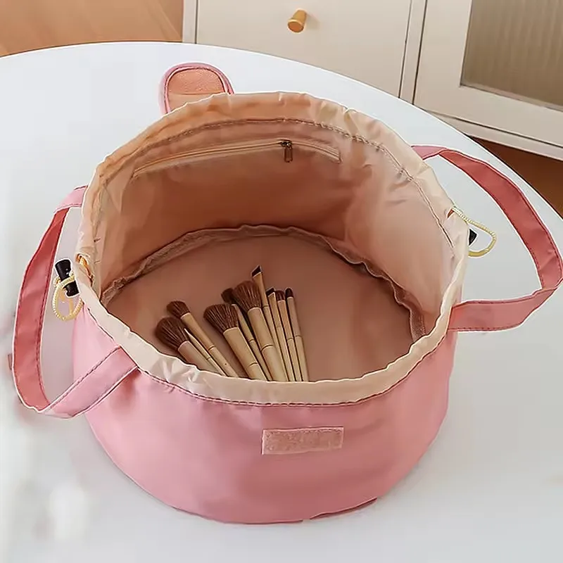 Large Capacity Bucket Cosmetic Bag, Drawstring Makeup Travel Organizer with Adjustable Strap Flip Top Pockets Gift