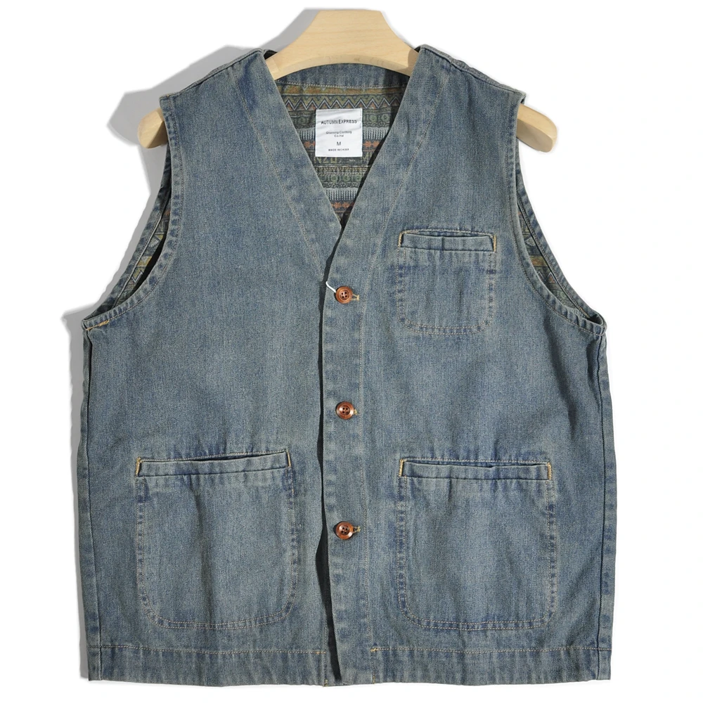 100% Cotton Washed Japanese Ethnic Style Amekaji HK Style V-neck Denim Vest American Vintage Casual Vest Shoulder