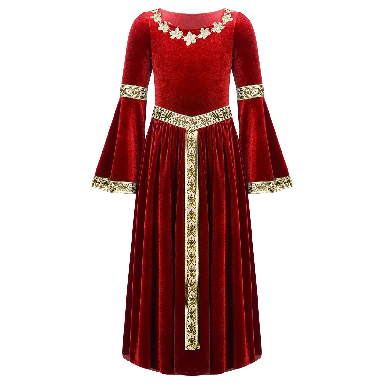 Kids Girls Medieval Princess Costume Vintage Renaissance Dress Velvet Long Flare Sleeve Gown Holiday Carnival Party Dress Up