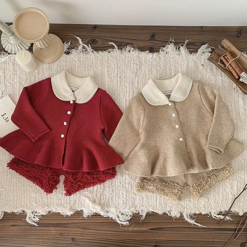 2024 جديد الخريف الشتاء الرضع طفل الفتيات الملابس مجموعة طويلة الأكمام سترة مشغولة من الصوف + السراويل طفل رضيع محبوك الملابس دعوى