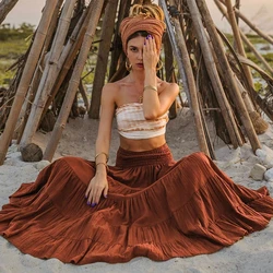 Boho Forest Fairy Tiered A-Line Skirt Pockets Convertible Bustier Dress Women Vintage Hippie Gypsy Maxi Skirt Versatile Sarong