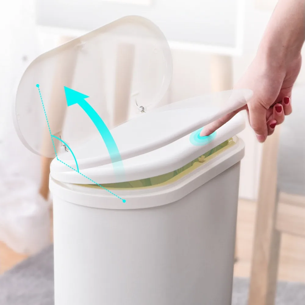 Modern Press Open Lid Narrow Garbage Can Cream White Rectangular Shape Slim Waste Bin Slim Profile Press Top Trash Can Bathroom