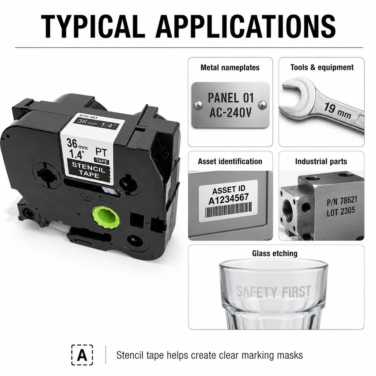 36mm STe-161 STe161 Black on Clear Stencil Tape Replacement, Compatible for Brother P-Touch Label Printer, 3m Etching Tape