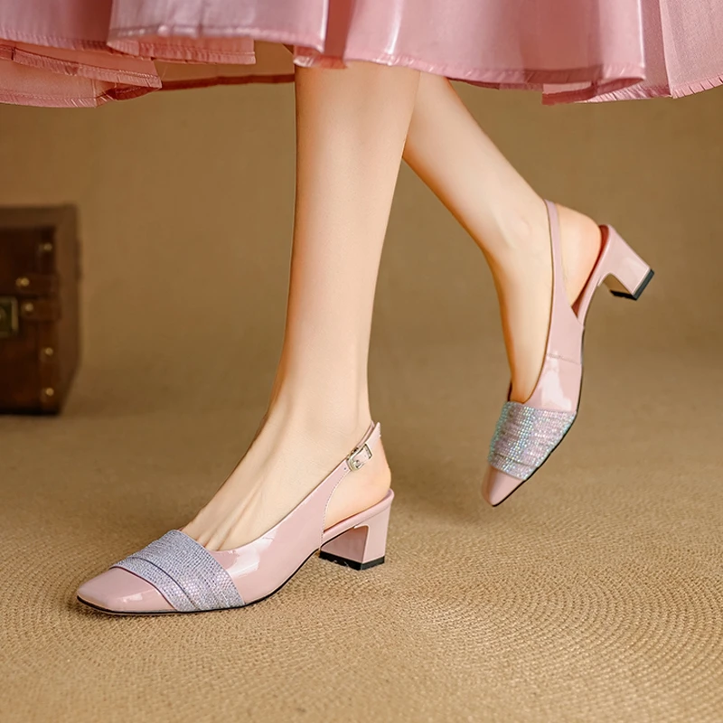 Women's New Spring and Summer Genuine Leather Sheepskin Rhinestone High-Heeled Shoes with Loose Buckle Toe and Mueller Sandals