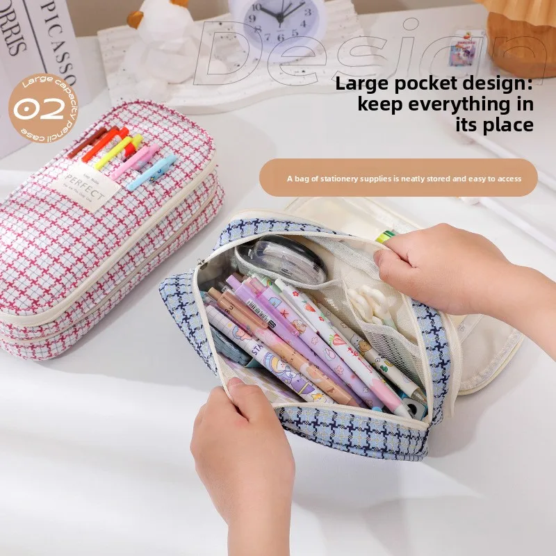 The New Double Layer Large Capacity Pen Bag Is Ins High Appearance Horizontal Multifunctional Composite Cloth Pen Box