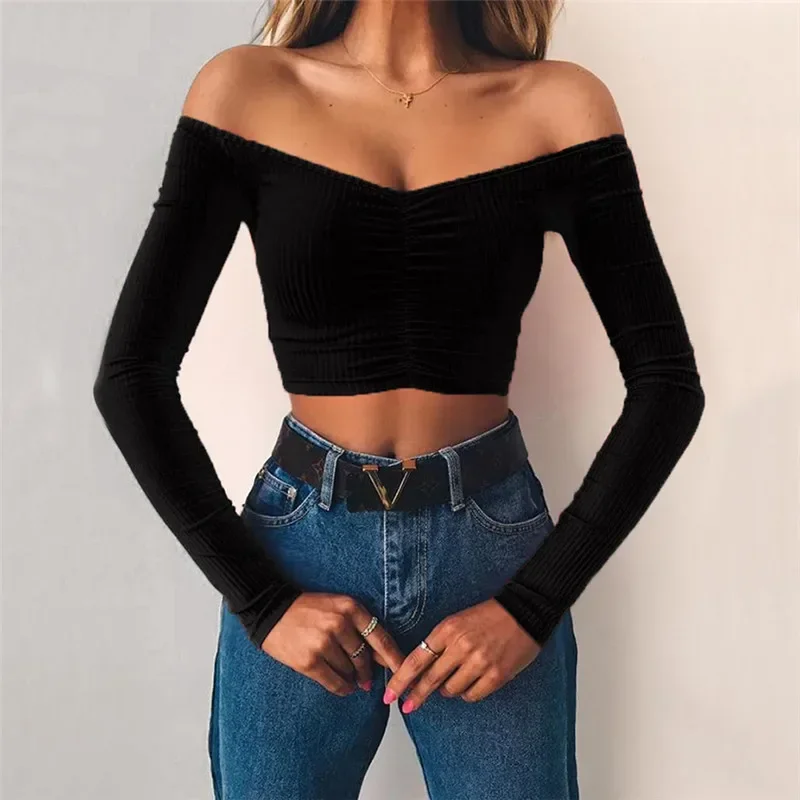 Sexy Off Shoulder Bare Midriff Folds Rib T Shirt Women Long Sleeves Slash Neck Short Tshirt Ladies Tee Shirt Camisetas Mujer