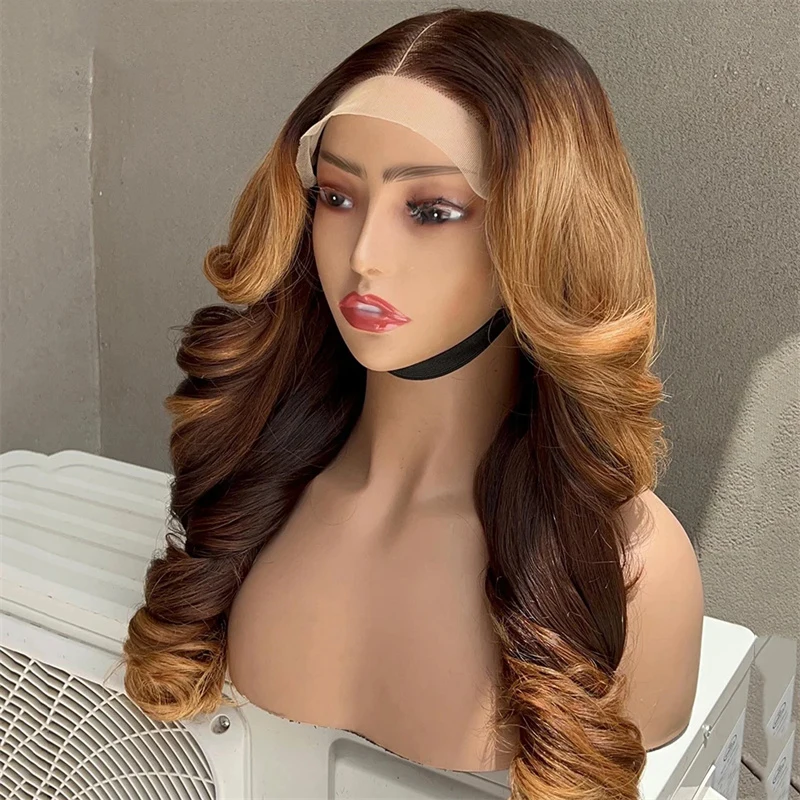 Soft 28Inch Body Wave Glueless Ombre Brown 5x5 Silk Base Jewish Human Hair Wig Baby Hair HD Lace European Hair Preplucked