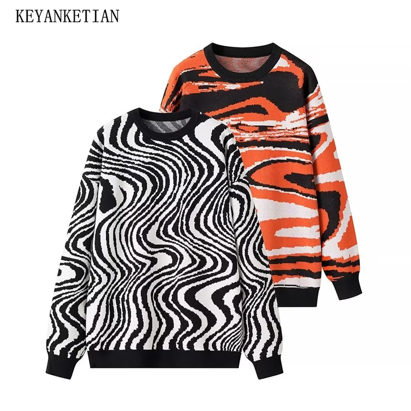 KEYANKETIAN Winter New Women's Zebra Print Jacquard Sweater Retro style O-Neck Long Sleeve Loose Thick Pullover Knitted Top