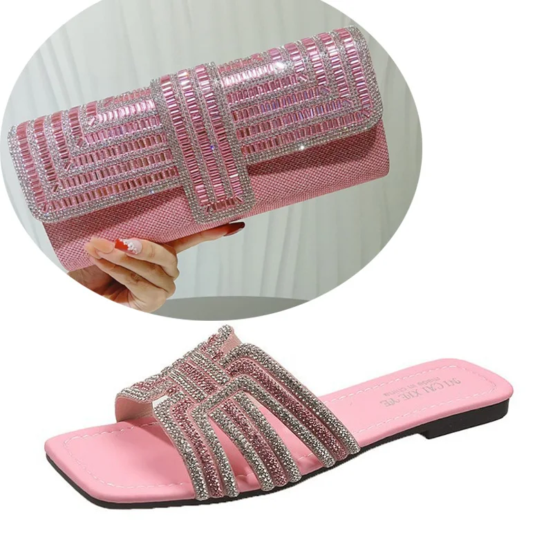 

Women's 2026 Summer New Rhinestone Sequined Slippers Plus Size Flat-bottomed Sandals with Rhinestone Dinner Shoulder Bag Set