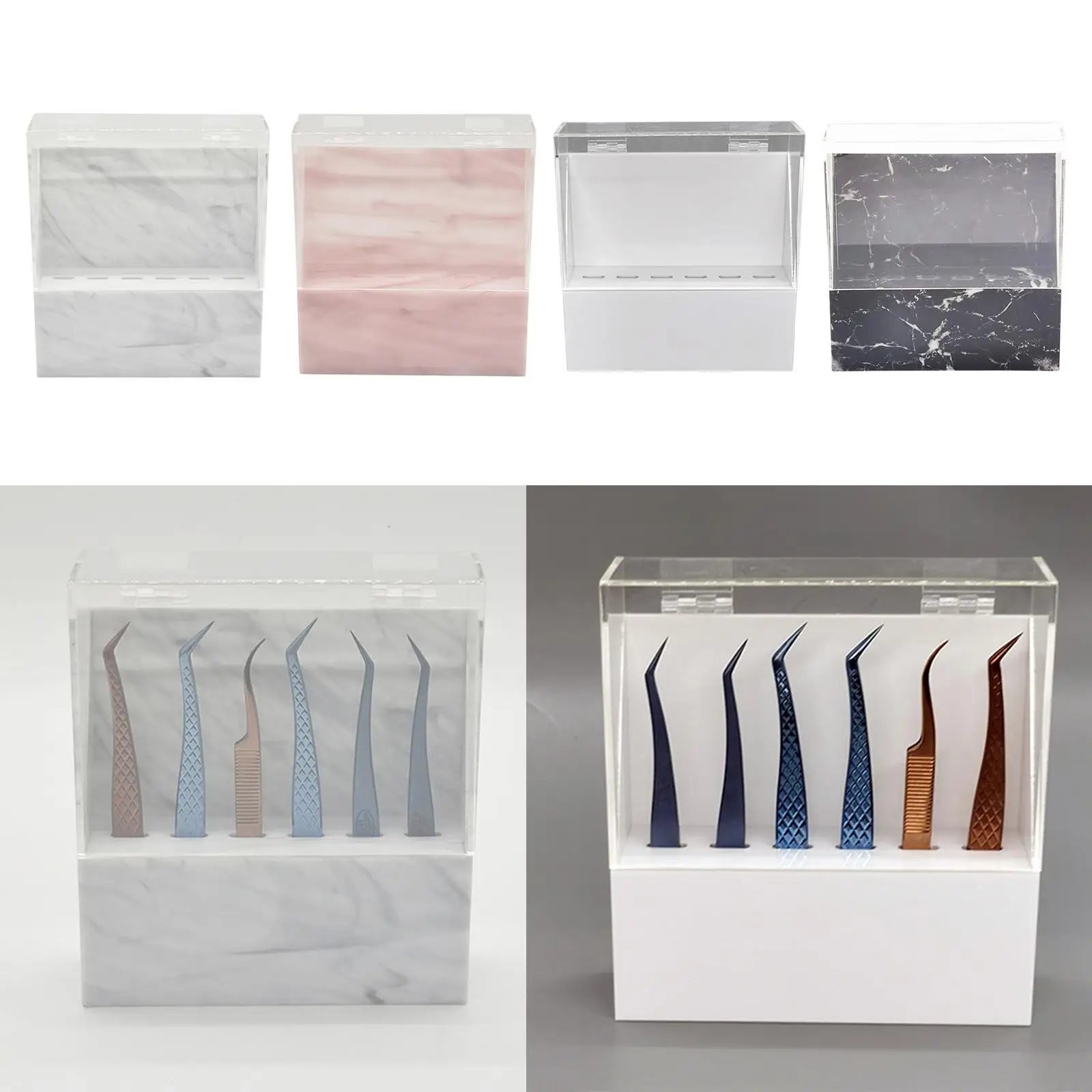 رف عرض حامل ملاقط الرموش من الأكريليك الفاخر مع غطاء مقاوم للغبار