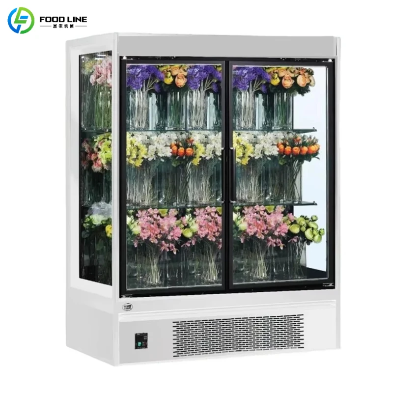 Customized Wholesale Flower Display Cabinet Frost Free Air Cooled Vertical Panoramic Glass LED Light Floral Showcase Cooler