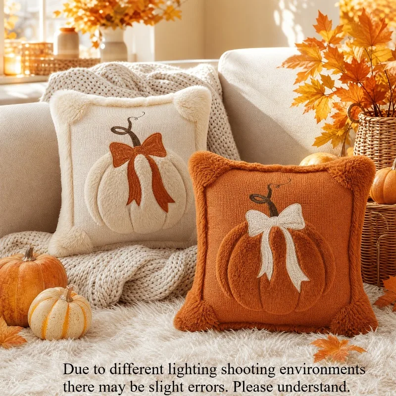 Autumn Harvest Pumpkin Plush Pillowcase Thanksgiving Bow Embroidery Home Living Room Sofa Cushion Cover Farmhouse Halloween