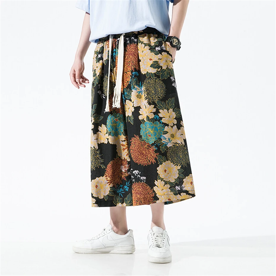 Large Size Mens Wide-leg Pant Vintage Print Ankle Length Pants Men 2025 Summer New Harajuku Baggy Linen Casual Trousers Male