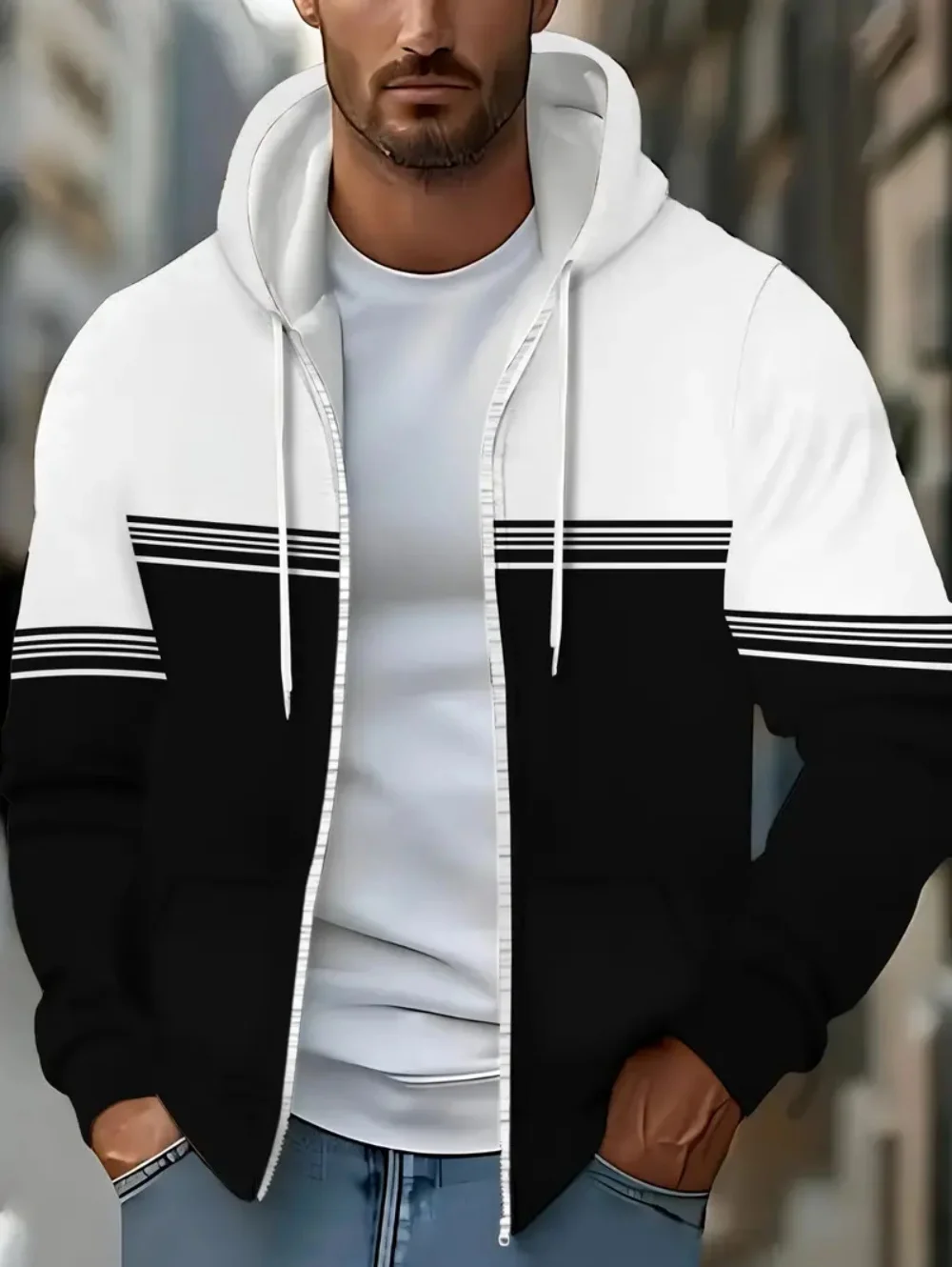 New in Sweatshirts Simple Stripe Print Sports Tops Street Fashion Zip up Hoodies Comfortable Casual Striped Outdoor Zipup Hoodie