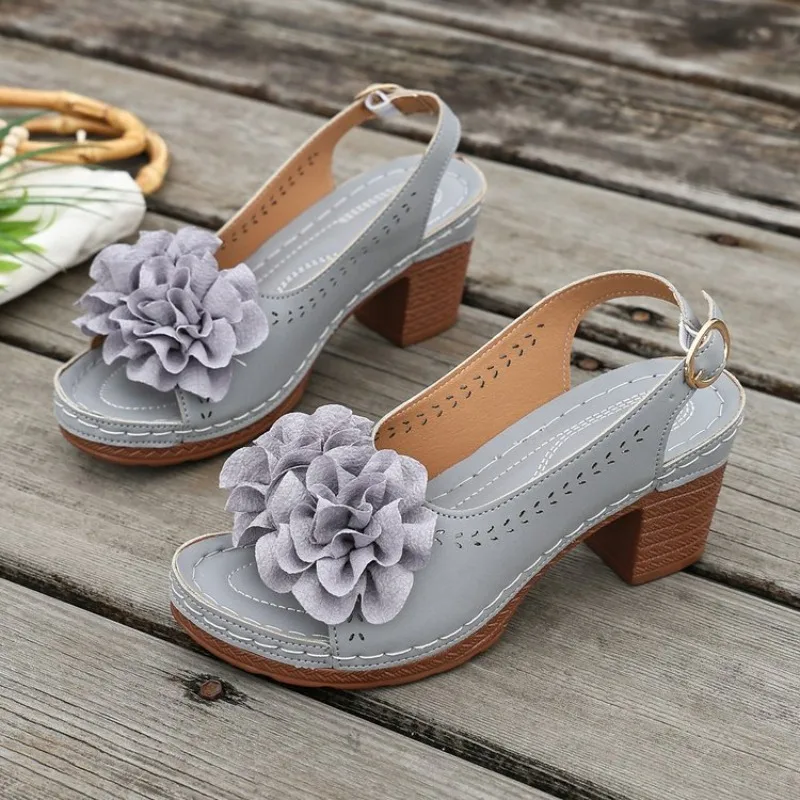 Vintage Flower Decorate Peep Toe Sandals Women Summer 2026 Platform Thick High Heel Back Strap Sandal Woman's  Heels Shoes - view 3