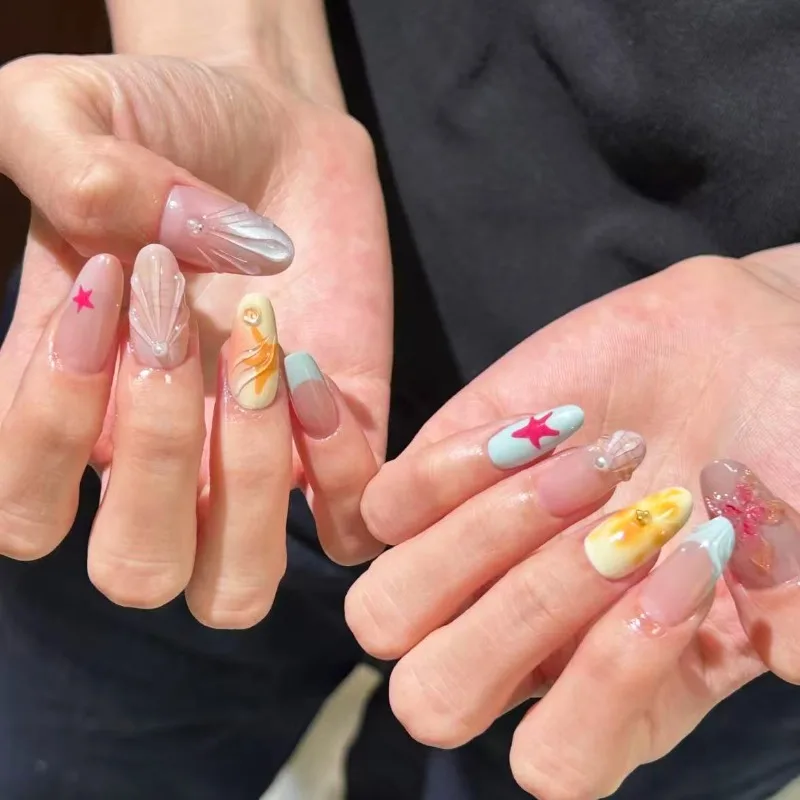 24PCS Sweet Almond False Nails Pink Seastar with Shell Design French Press on Acrylic Nails Island Holiday Style Blue Fake Nails