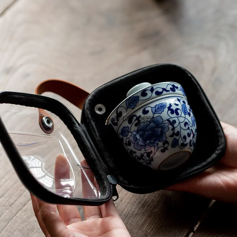 Blue and White Porcelain One Pot and One Cup Outdoor Travel Tea Set Tea Set Portable Teapot Tea Cup One Person Use Express Cup