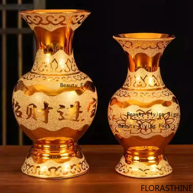 1PC Gold Ceramic Tabletop Vase Buddha Utensil Prayer Enshrine Living Decoration Room Make a Fortune Flower Planter Home Decor