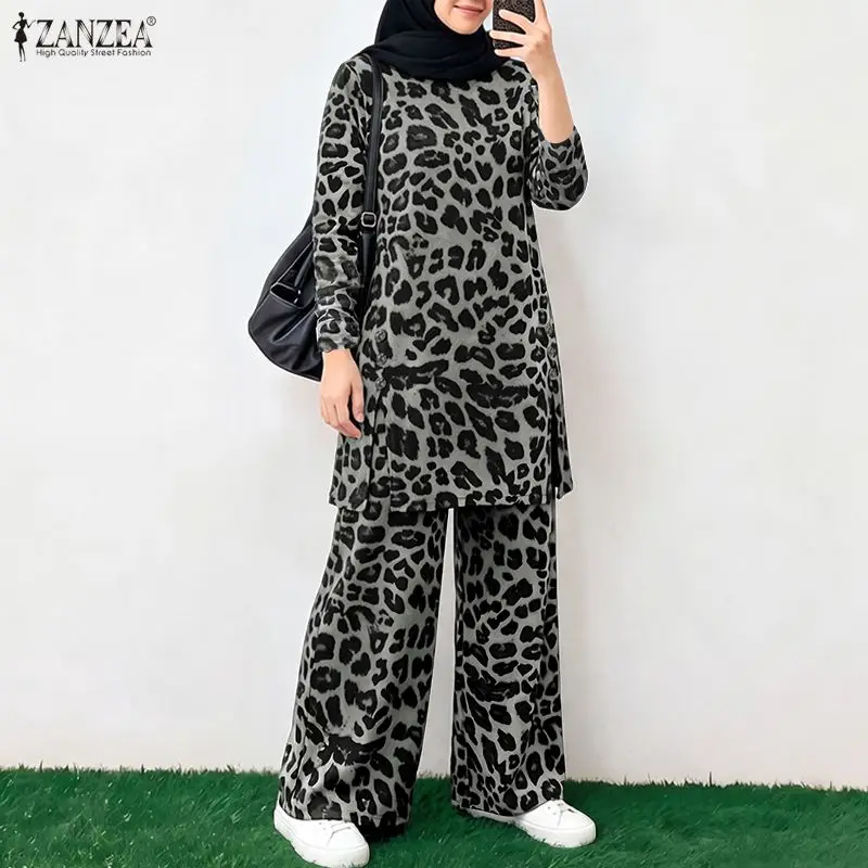 ZANZEA Women Autumn Muslim Two Piece Sets Leopard Print Long Sleeve Tunic Tops Wide Leg Pants Casual Outfits Abaya Kaftan Suit