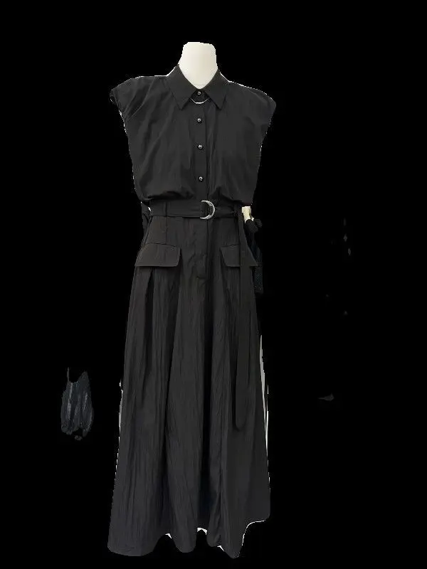 Black dress women's high waist long dress looking thin 2025 summer new shirt skirt waist sleeveless vest skirt