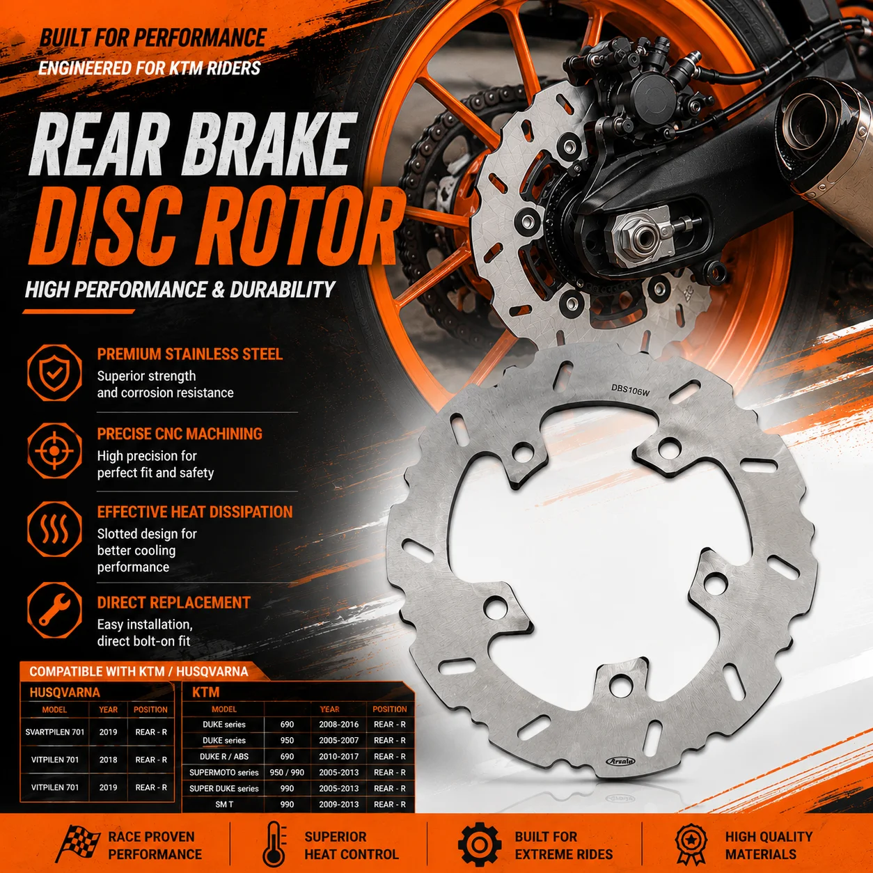 

ARASHI Motorcycle Rear Brake Disc Rotor Brake Disk Stainless Steel For Duke 690 950 990 SMT Husqvarna Vitpilen Svartpilen 701