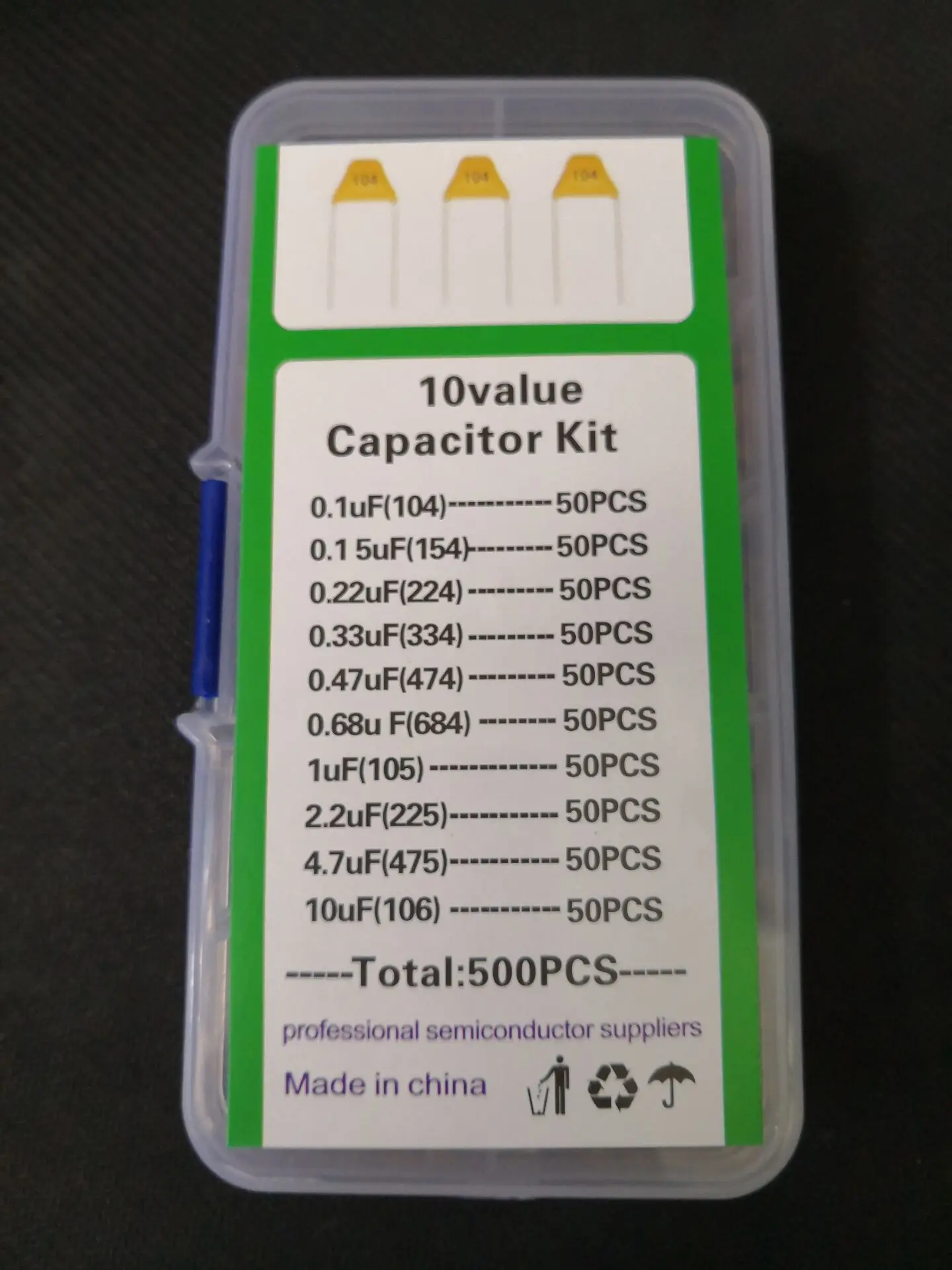 1 Box 500pc Monolithic Capacitor Kit 10 Value 104 105 106 154 223 334 474 684 225 475/10 4.7 2.2 0.68 0.47 0.33 0.22 0.15 0.1 UF